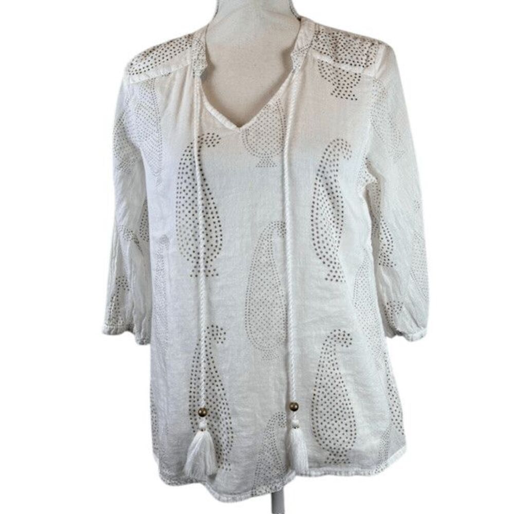 Oliphant Cotton Blouse White Lined with Metallic Paisley Dots 1/2 Sleeve Size XS